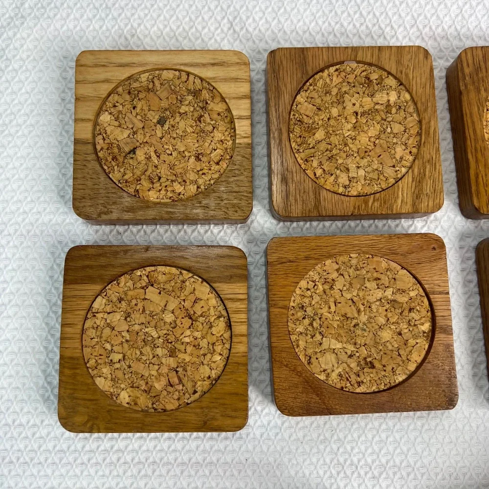 Vintage Mid Century Modern Oak Wood and Cork Coaster Set of 6 with‎ Caddy Holder